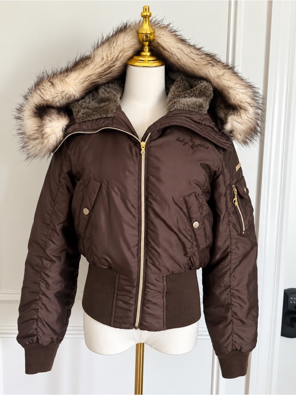 Baby Phat Chocolate Brown Women Puffer Jacket Faux Fur Trim Hood Small